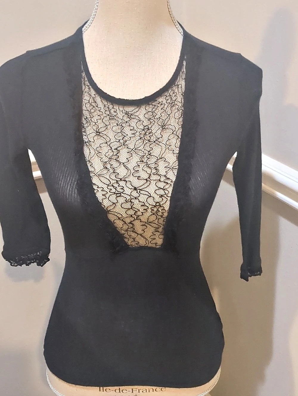 Free People Black Lace Inset Long Sleeve Size Small